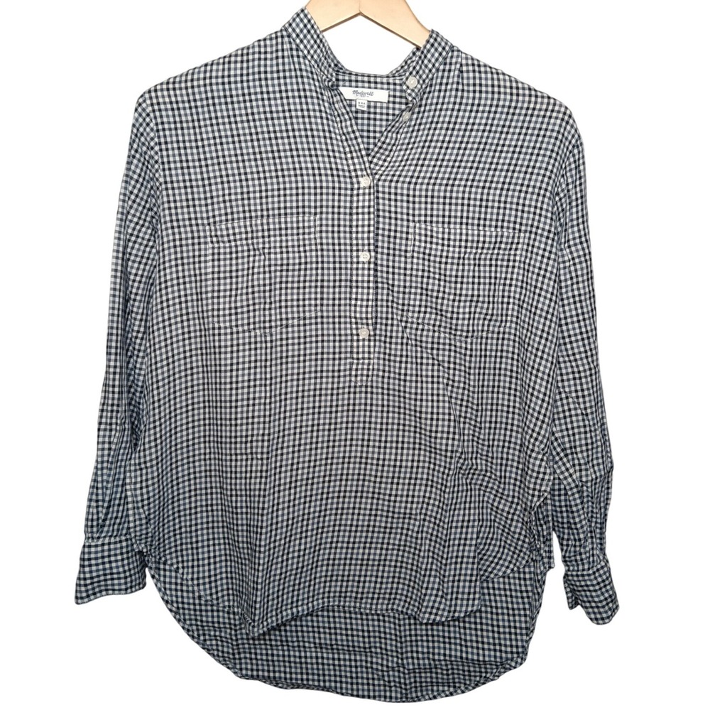 Madewell Gingham Plaid Button Up Shirt Women's‎ XXS Band Collar Long Sleeve